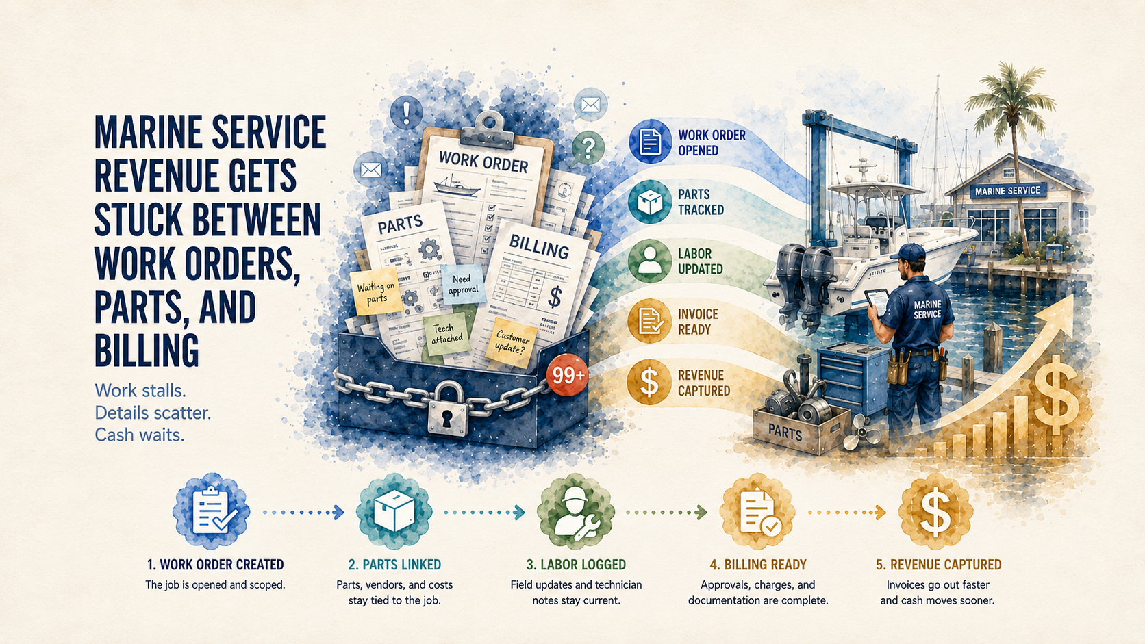 Why Marine Service Revenue Gets Stuck Between Work Orders, Parts, and Billing